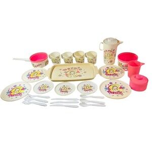 Vtg 1980's Barbie Toy Plastic And Metal Kids Play Dishes Pink 28 Piece Set